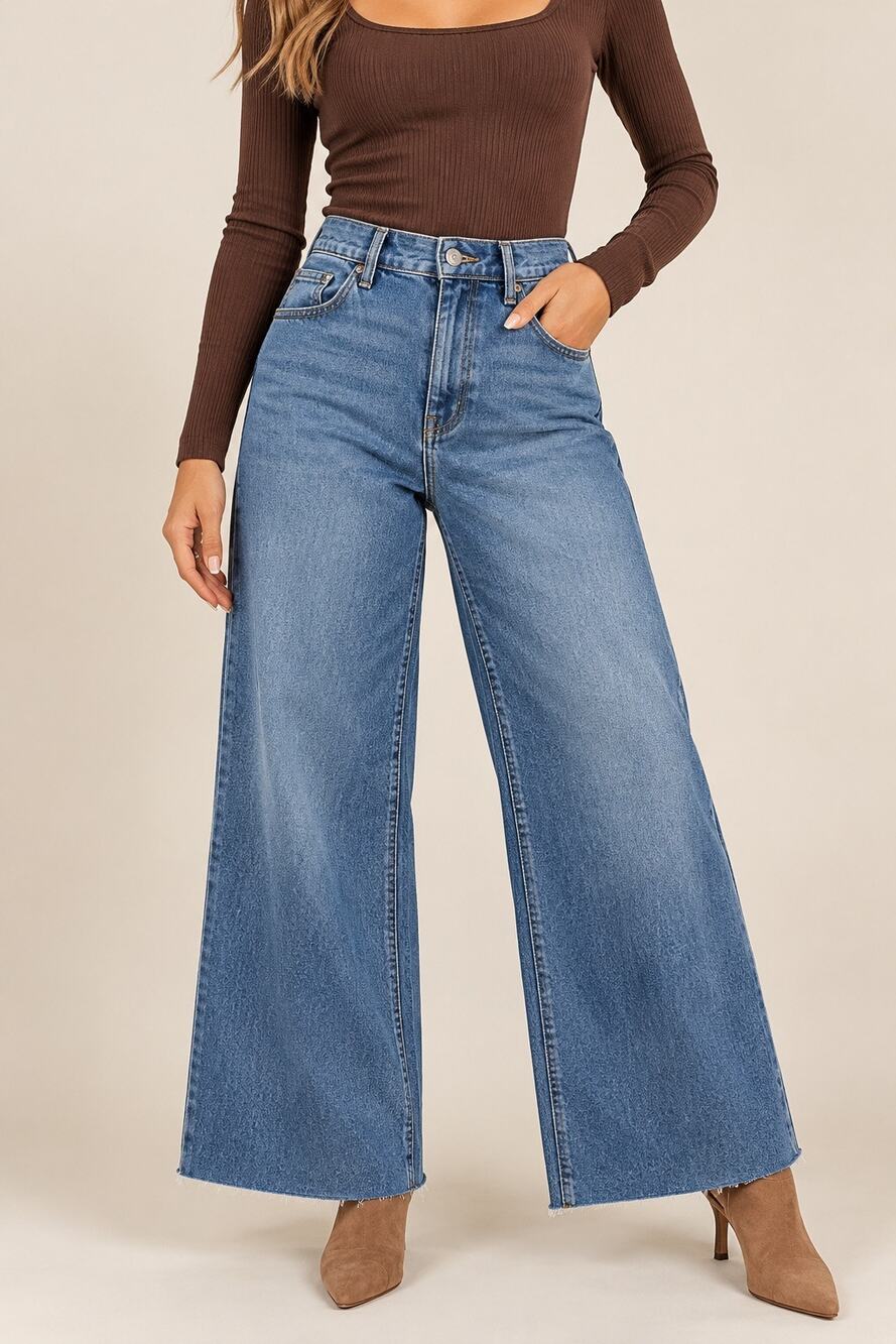 Well Worn Wide Leg Jeans Women’s 12/32 High Rise Medium Wash Raw Hem Denim